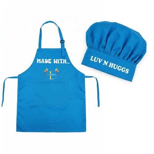 Blue apron and matching chef’s hat