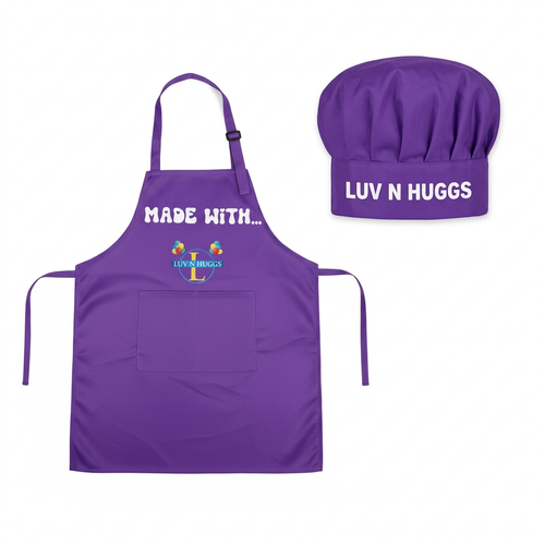 Purple apron and matching chef’s hat