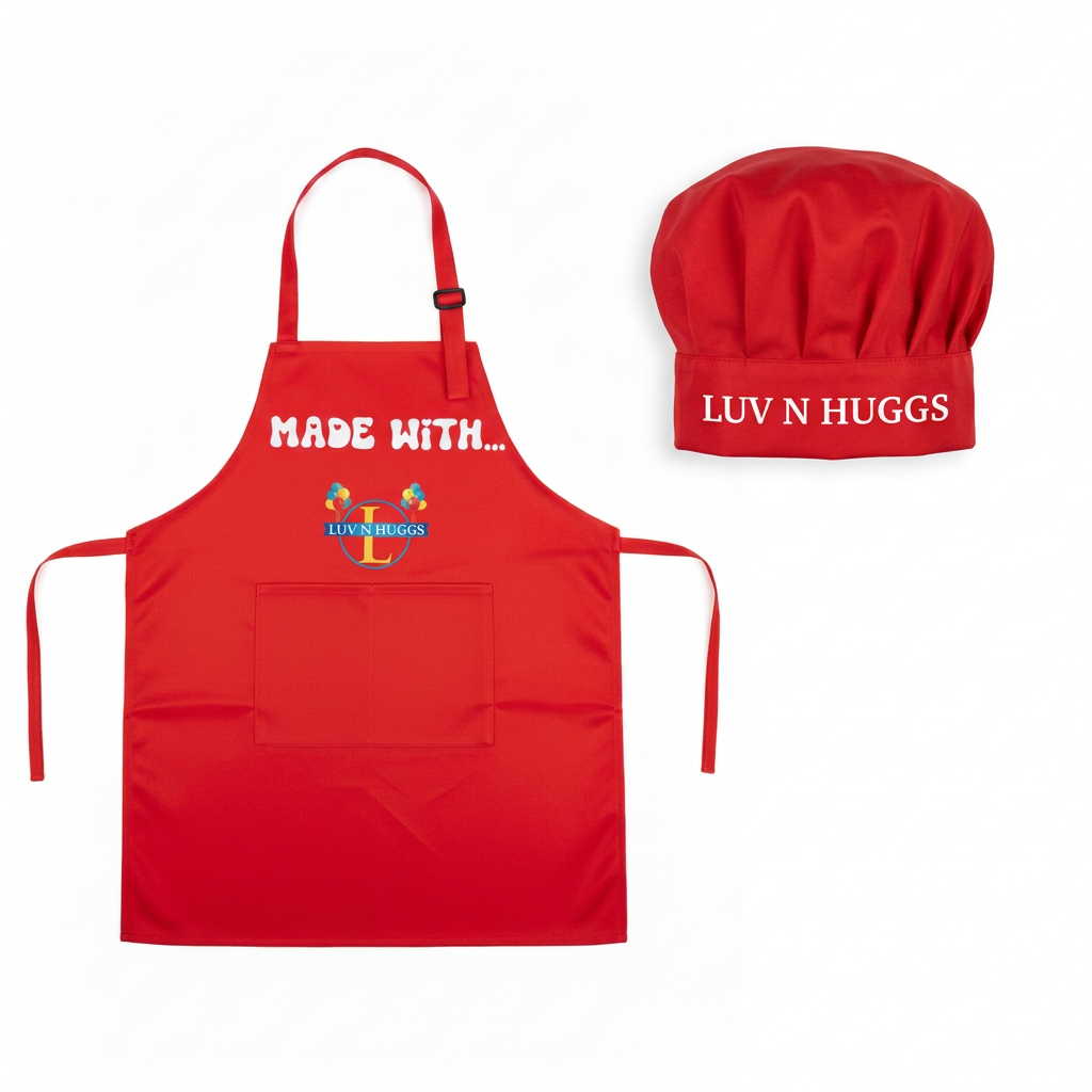 Red apron and matching chef’s hat